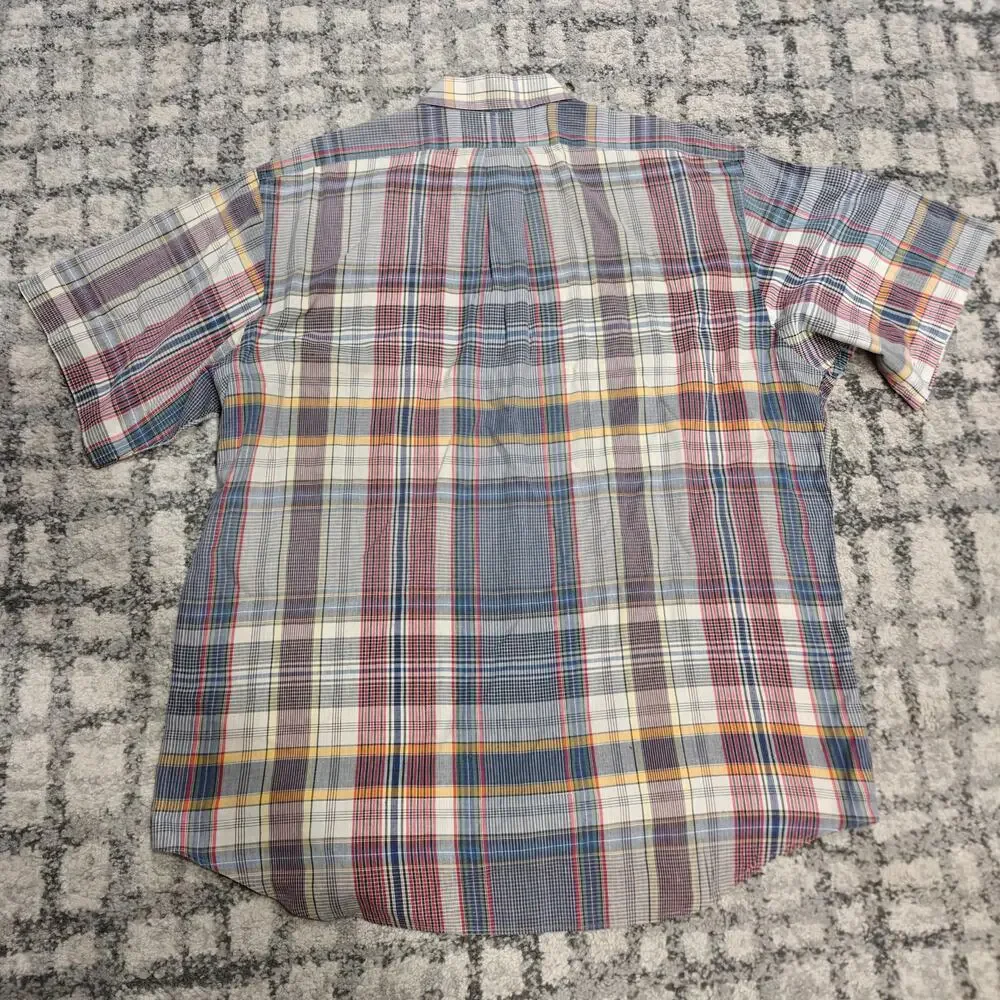 Vintage Ralph Lauren Mens XL Madras Plaid Shirt Short Sleeve Hand Woven Blue